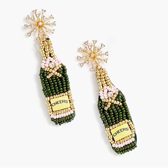 NWT J. Crew Factory Champagne Beaded Rhinestone Dangly Statement Earrings - Picture 2 of 4